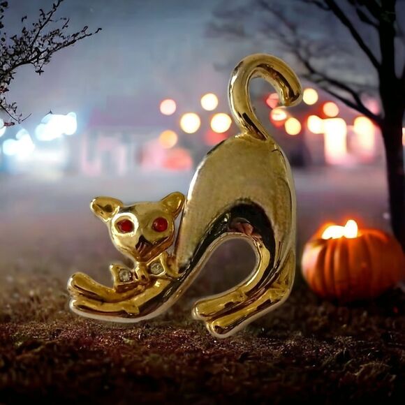 Vintage Stretching Cat Brooch Pin Liquid Gold Tone Red Rhinestone Eyes Sassy - Picture 13 of 14